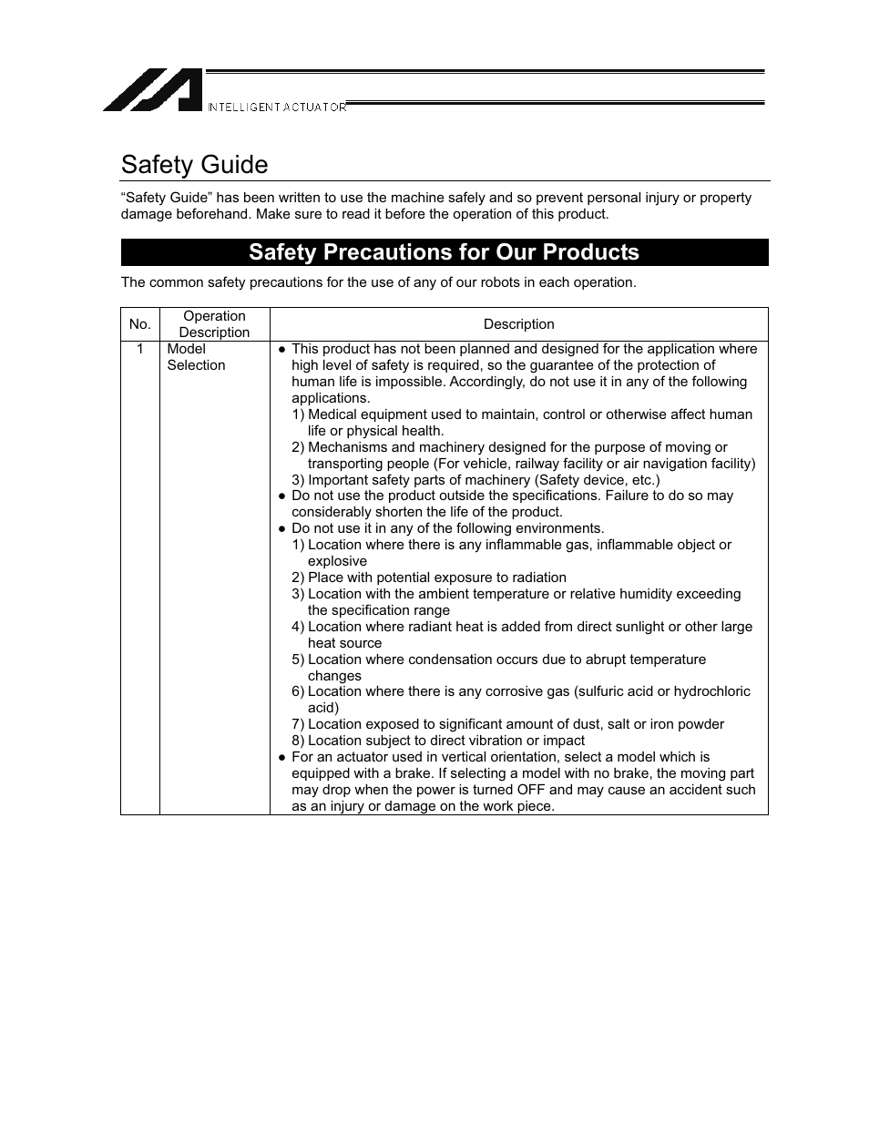 Safety guide, Safety precautions for our products | IAI America NS User Manual | Page 4 / 78
