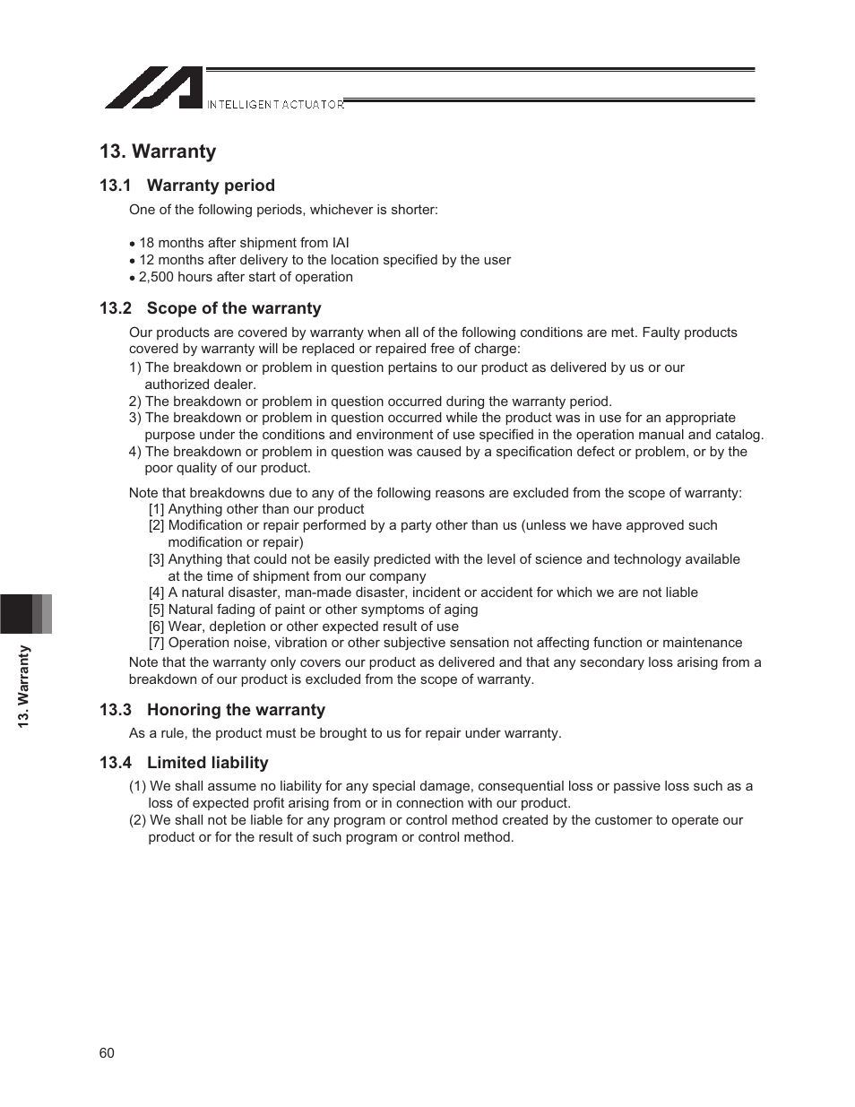 Warranty, 1 warranty period, 2 scope of warranty | 3 honoring the warranty, 4 limited liability | IAI America NS User Manual | Page 74 / 78