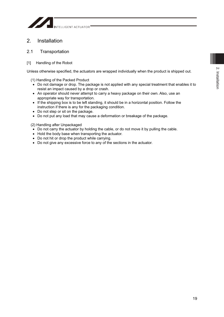 Installation, 1 transportation | IAI America RS User Manual | Page 25 / 46