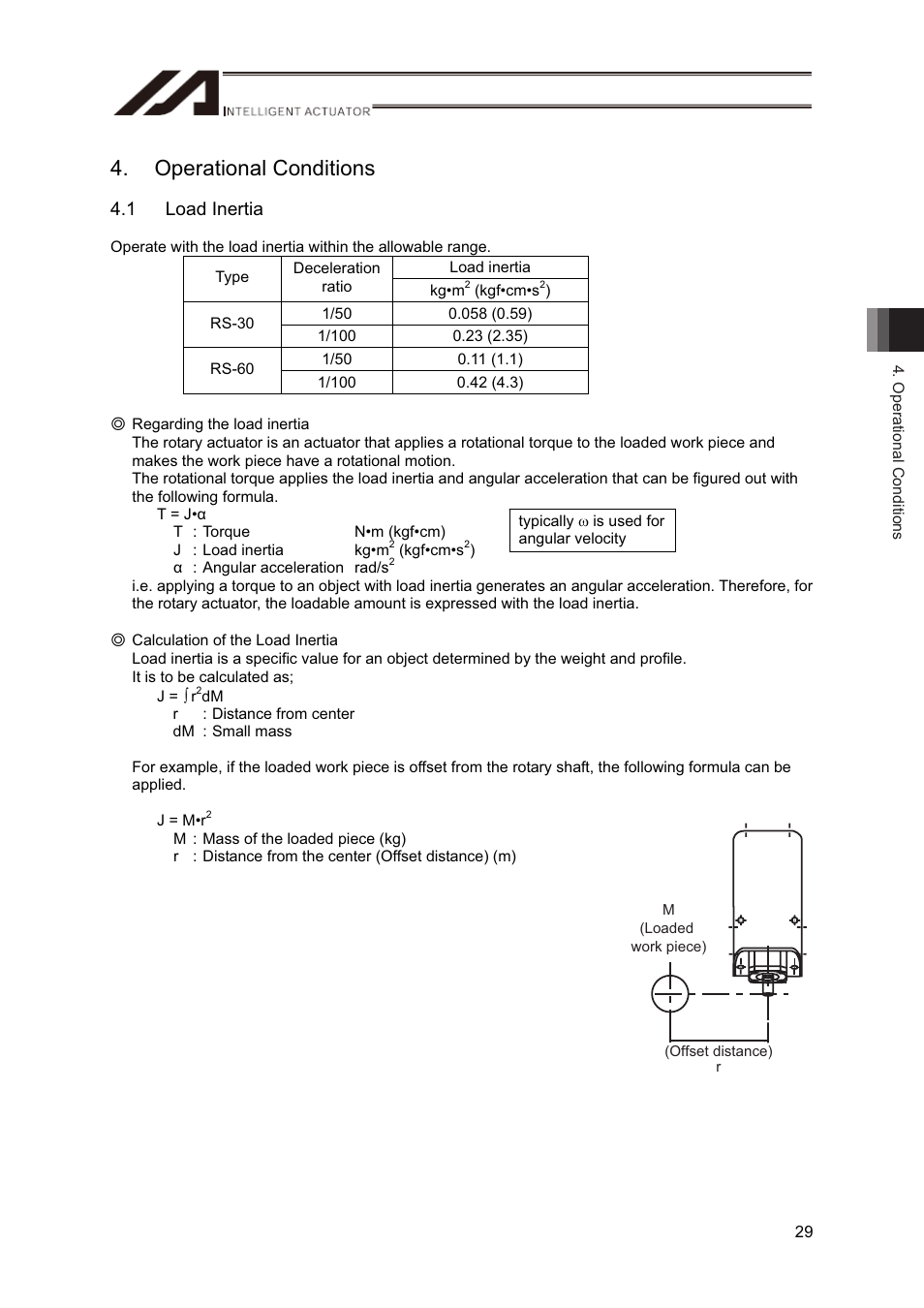 Operational conditions, 1 load inertia | IAI America RS User Manual | Page 35 / 46