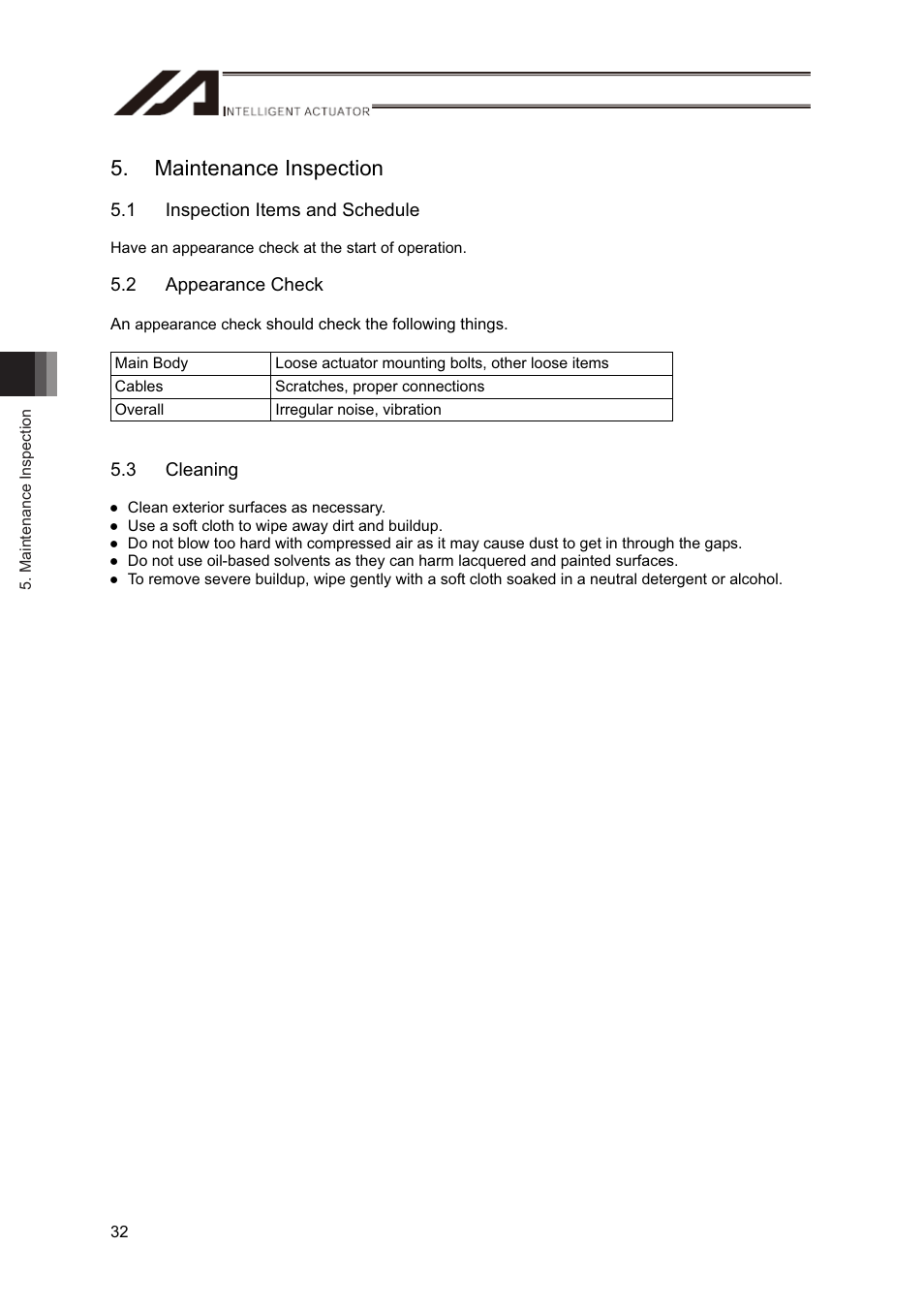 Maintenance inspection, 1 inspection items and schedule, 2 appearance check | 3 cleaning | IAI America RS User Manual | Page 38 / 46