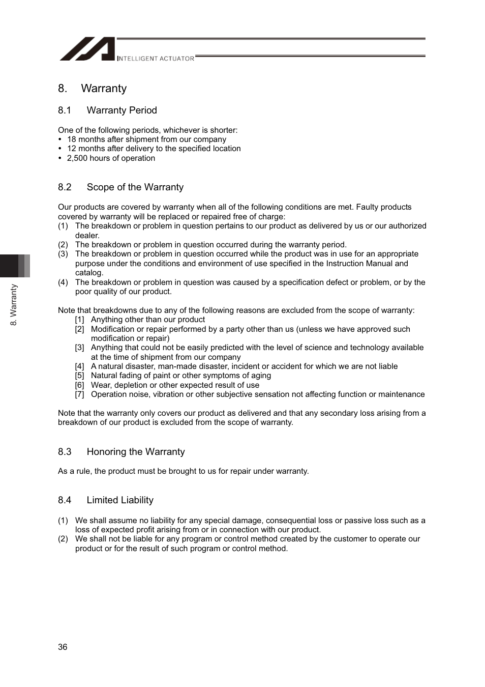 Warranty, 1 warranty period, 2 scope of the warranty | 3 honoring the warranty, 4 limited liability | IAI America RS User Manual | Page 42 / 46