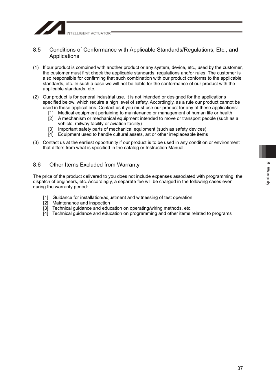 6 other items excluded from warranty | IAI America RS User Manual | Page 43 / 46