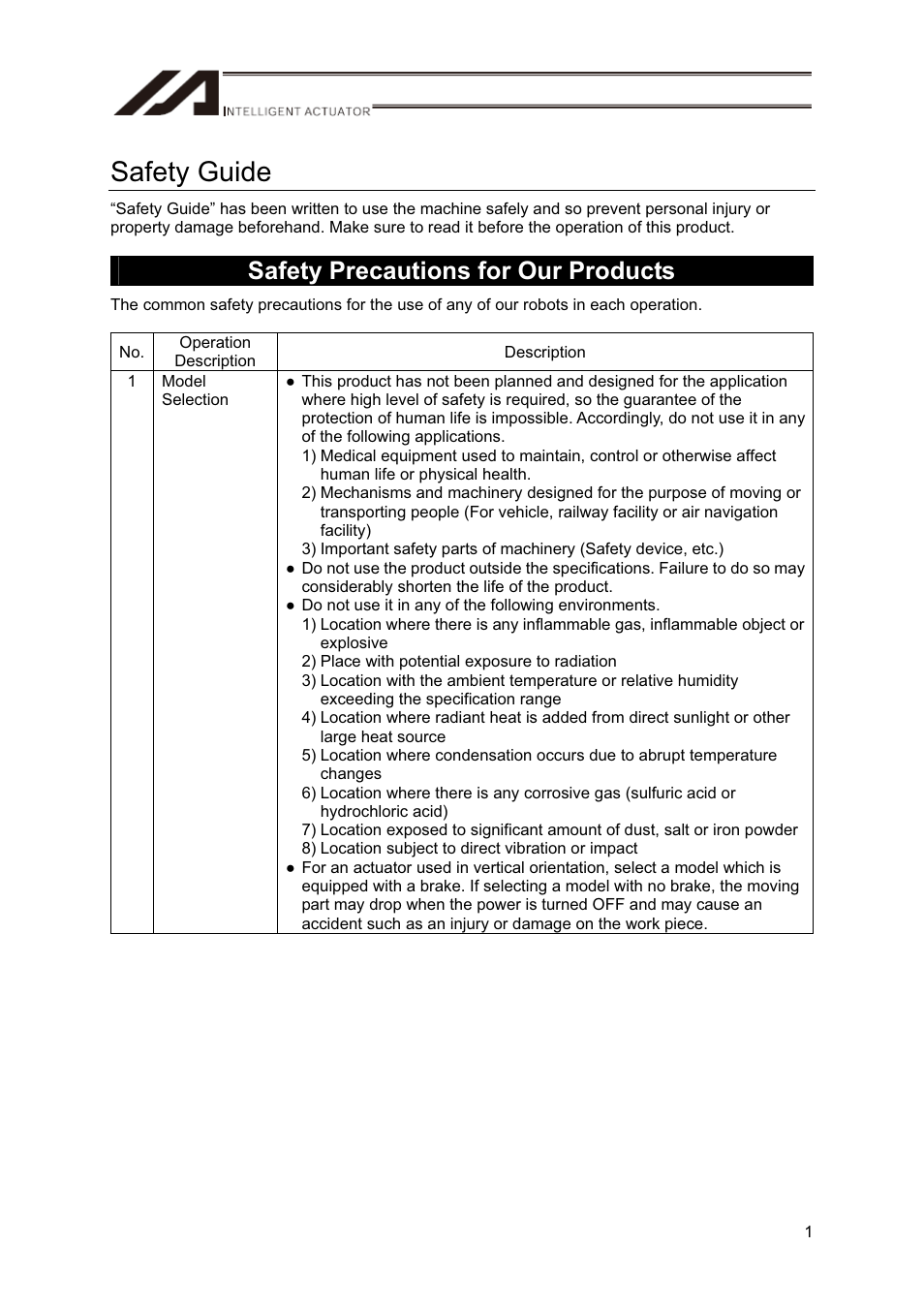 Safety guide, Safety precautions for our products | IAI America RS User Manual | Page 7 / 46