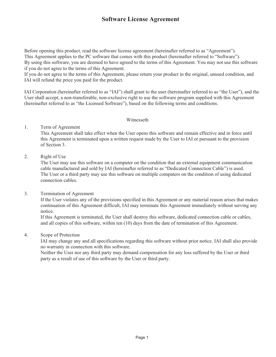 Software license agreement | IAI America DS-S-P1 User Manual | Page 3 / 32