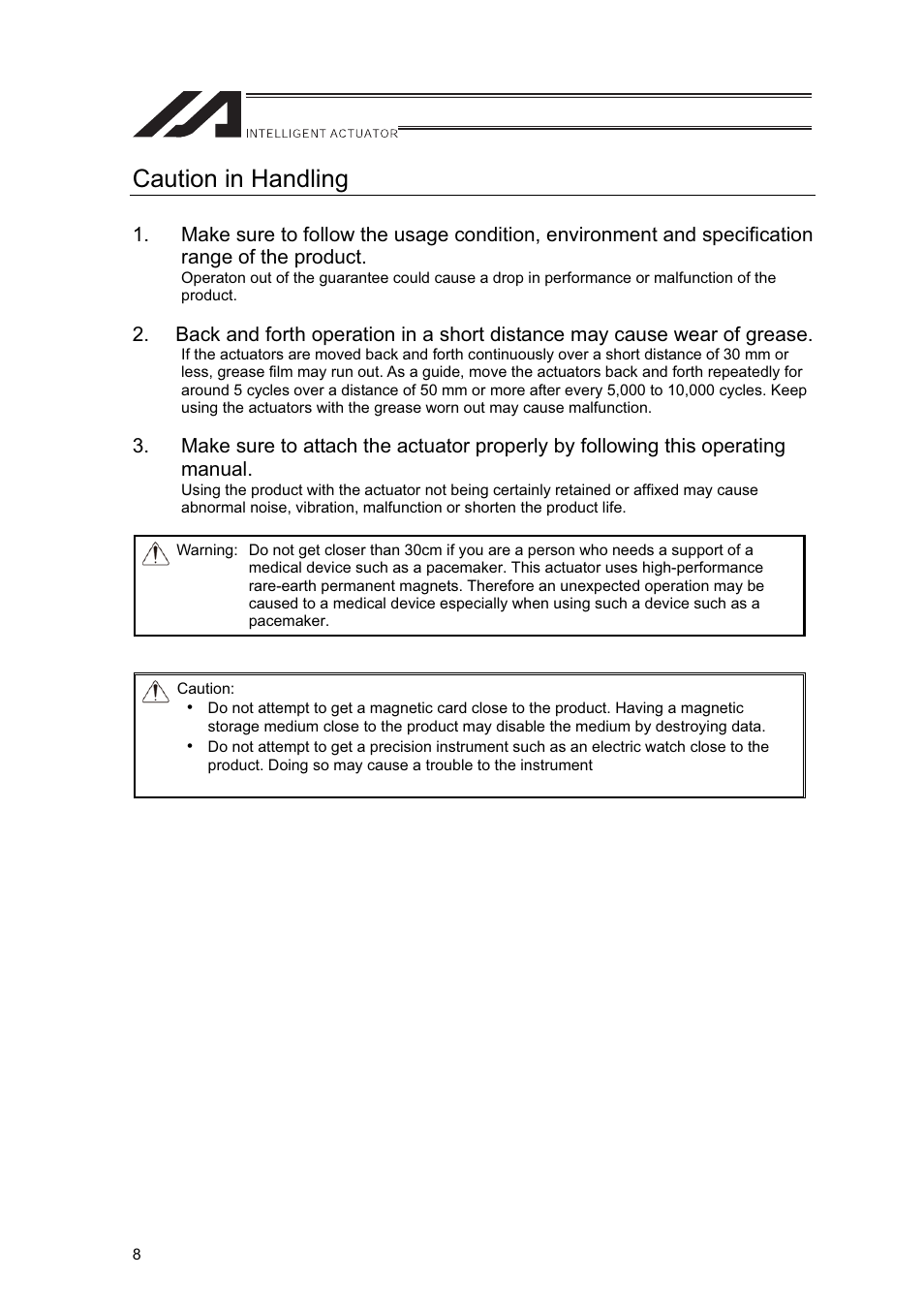 Caution in handling | IAI America LSA-L15SS User Manual | Page 14 / 72