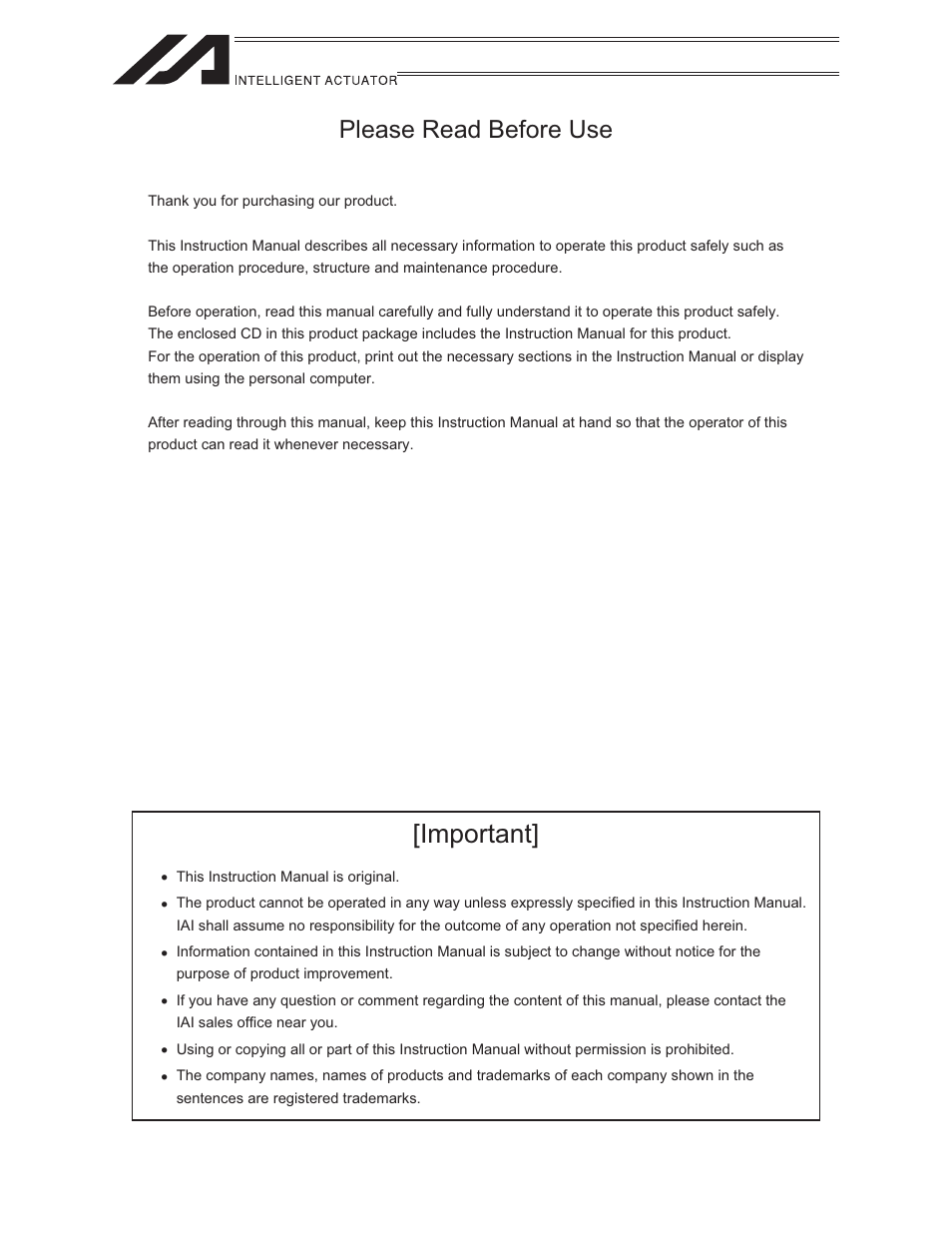 Important, Please read before use | IAI America LSAS-N15HM User Manual | Page 3 / 80