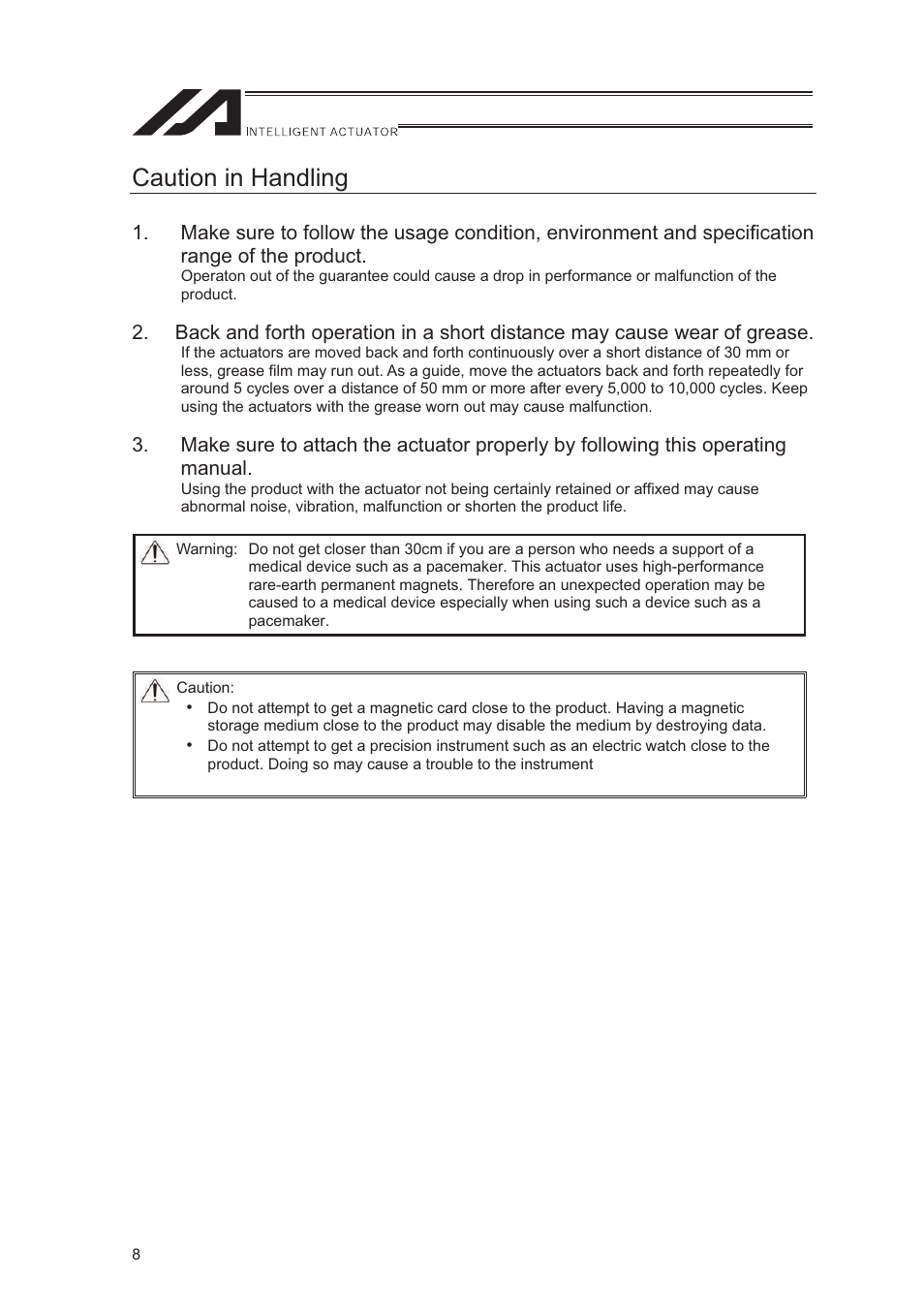 Caution in handling | IAI America LSA-S10SS User Manual | Page 14 / 90