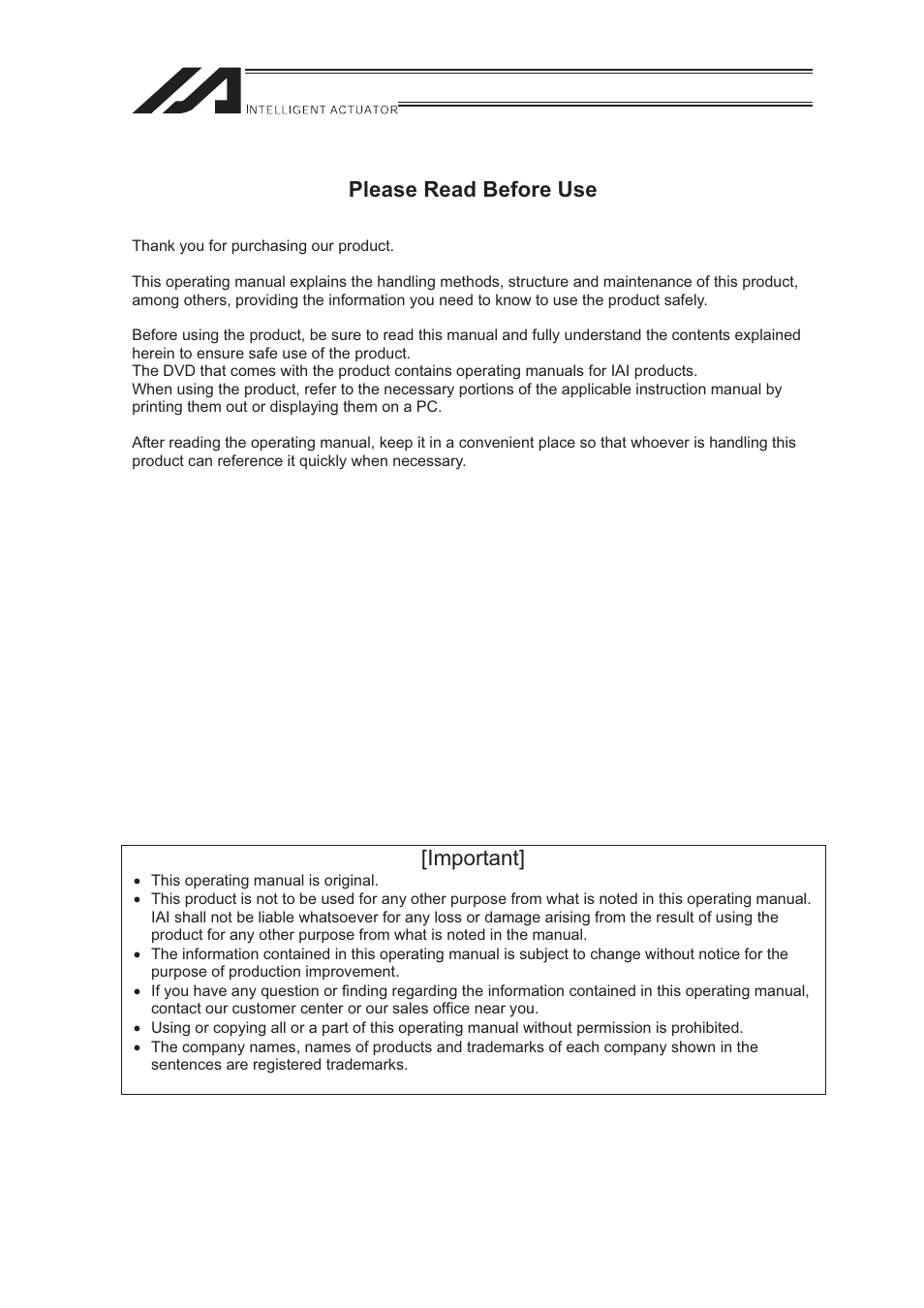 Please read before use, Important | IAI America LSA-S10SS User Manual | Page 3 / 90