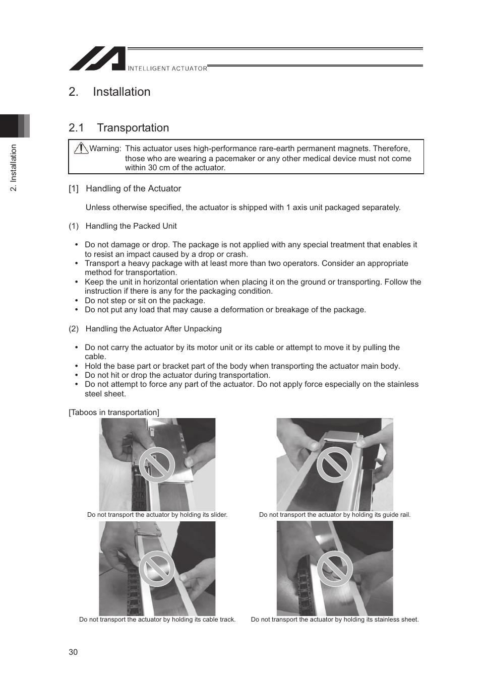 Installation, 1 transportation | IAI America LSA-S10SS User Manual | Page 36 / 90