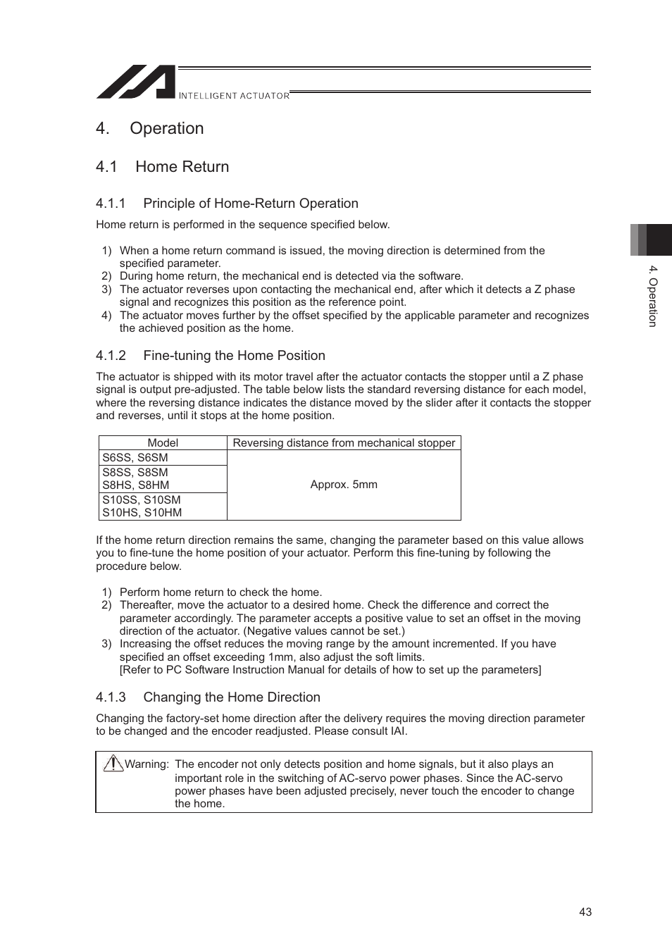 Operation, 1 home return, 1 principle of home-return operation | 2 fine-tuning the home position, 3 changing the home direction | IAI America LSA-S10SS User Manual | Page 49 / 90