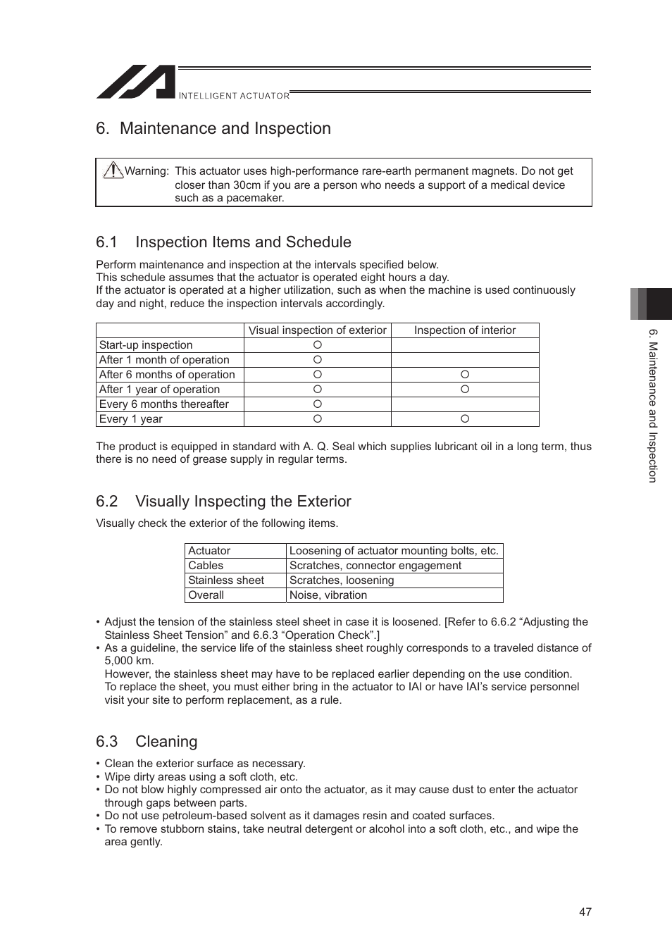 Maintenance and inspection, 1 inspection items and schedule, 2 visually inspecting the exterior | 3 cleaning | IAI America LSA-S10SS User Manual | Page 53 / 90