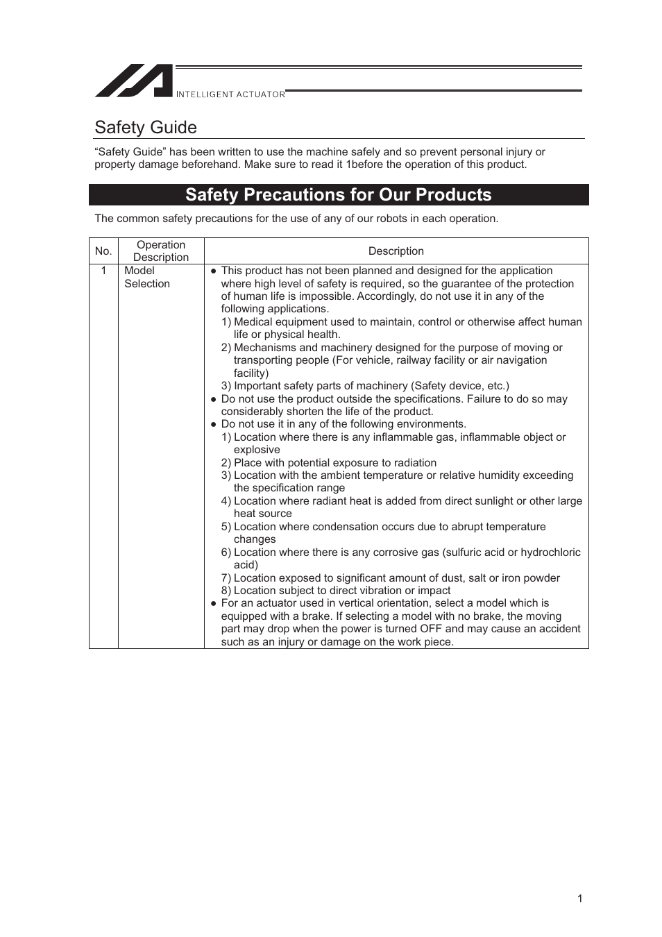 Safety guide, Safety precautions for our products | IAI America LSA-S10SS User Manual | Page 7 / 90