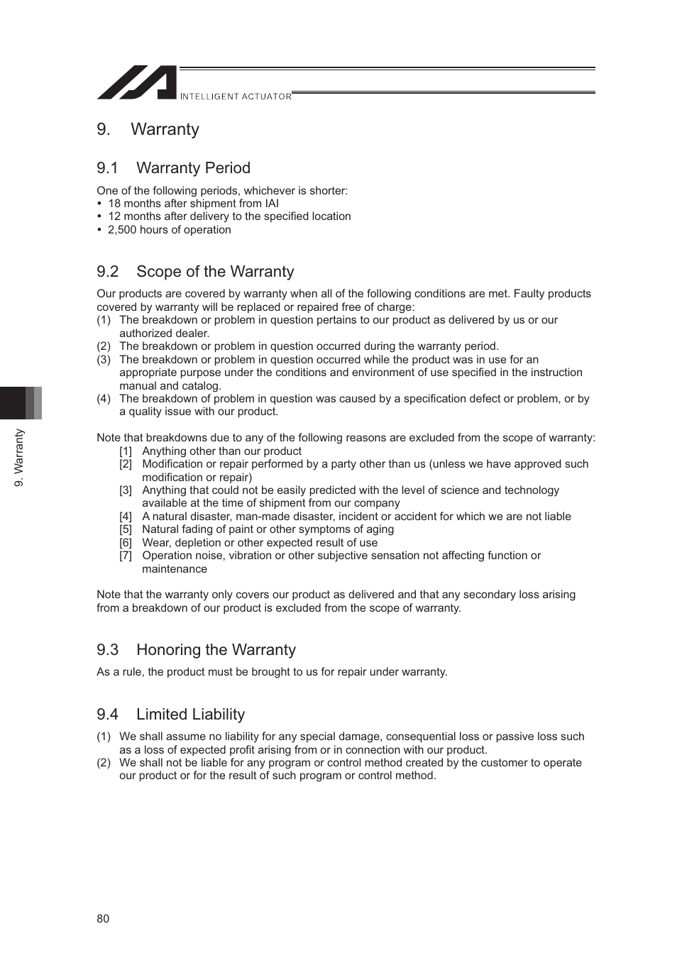 Warranty, 1 warranty period, 2 scope of the warranty | 3 honoring the warranty, 4 limited liability | IAI America LSA-S10SS User Manual | Page 86 / 90