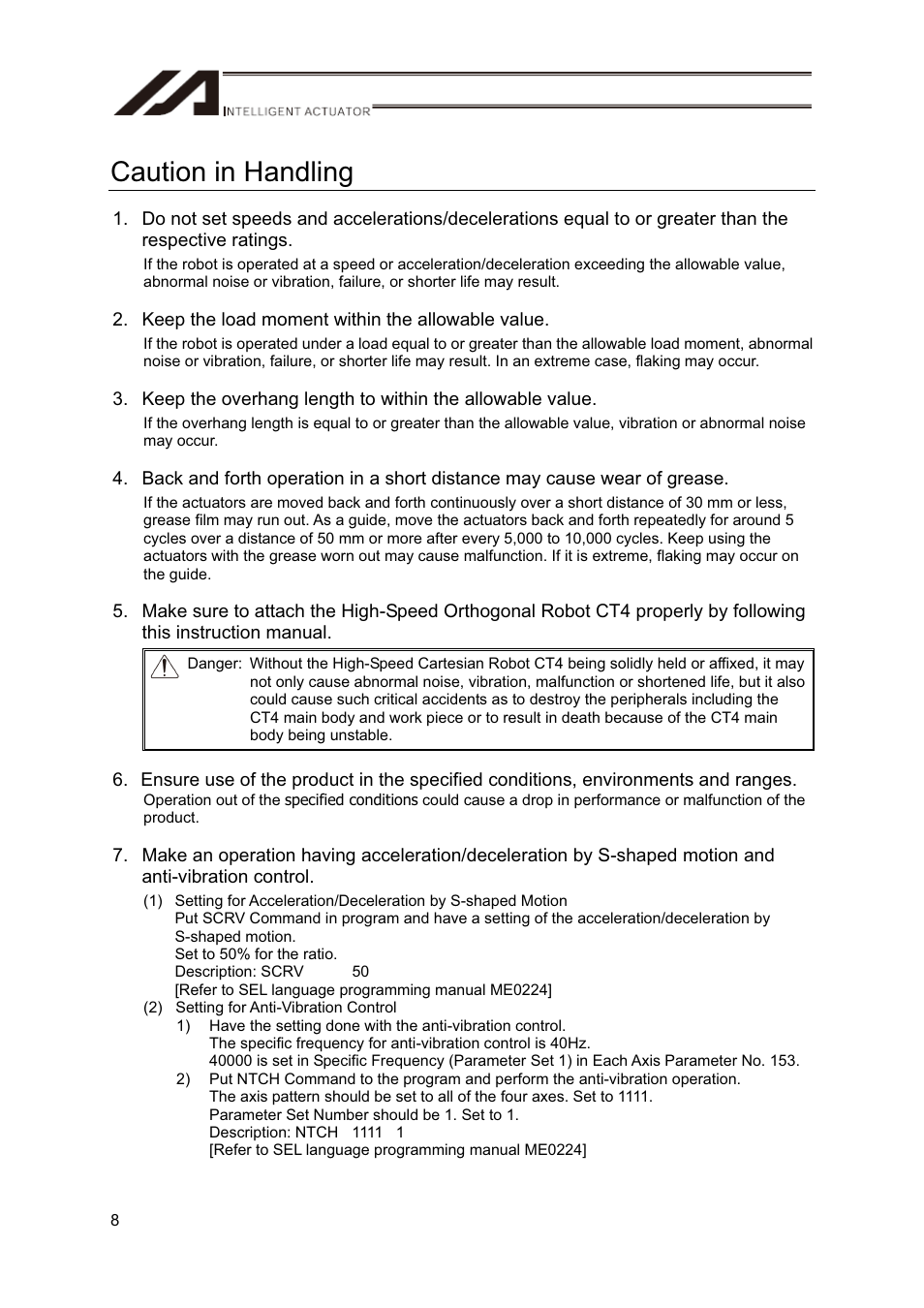 Caution in handling | IAI America CT4 User Manual | Page 14 / 72