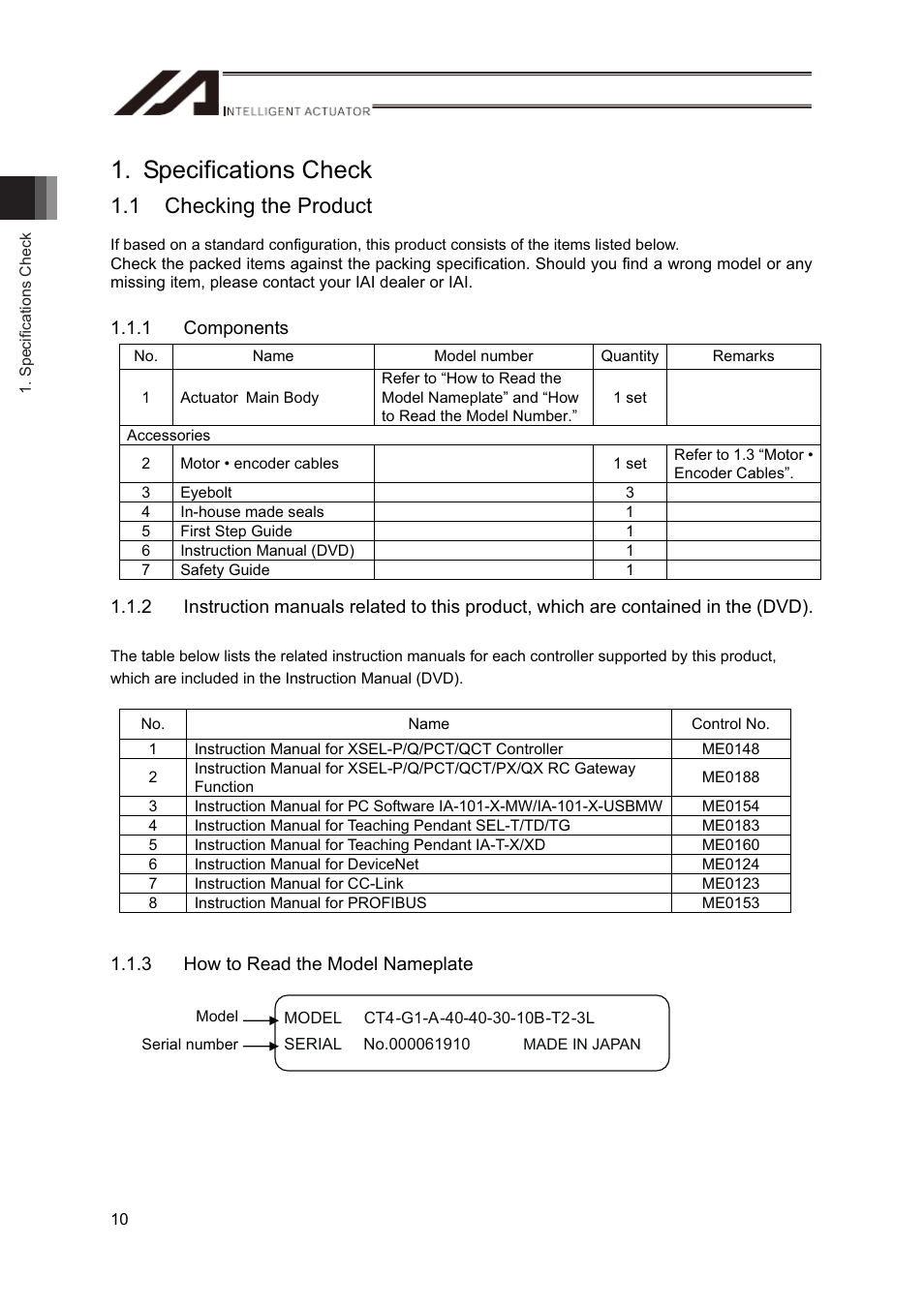 Specifications check, 1 checking the product | IAI America CT4 User Manual | Page 16 / 72