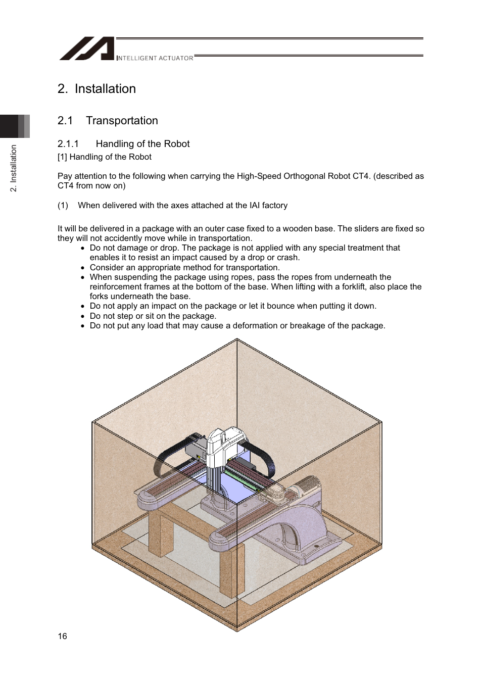 Installation, 1 transportation | IAI America CT4 User Manual | Page 22 / 72