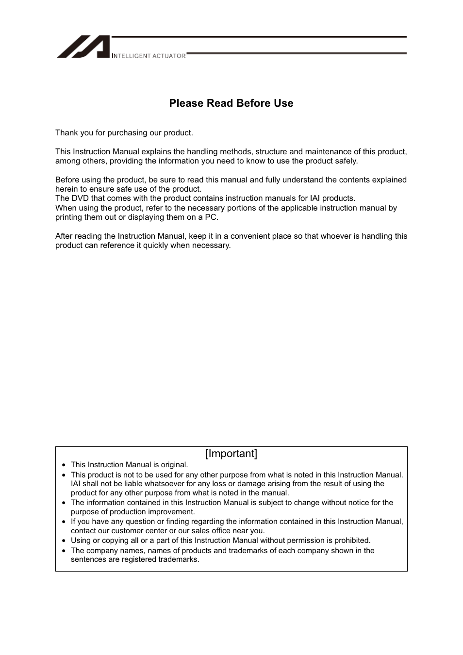 Please read before use, Important | IAI America CT4 User Manual | Page 3 / 72