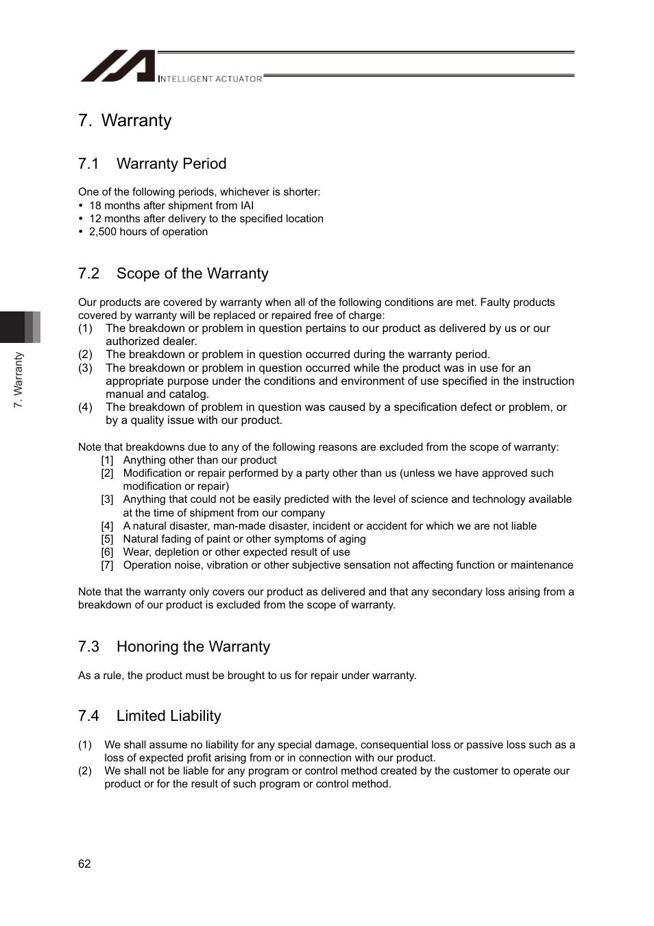 Warranty, 1 warranty period, 2 scope of the warranty | 3 honoring the warranty, 4 limited liability | IAI America CT4 User Manual | Page 68 / 72
