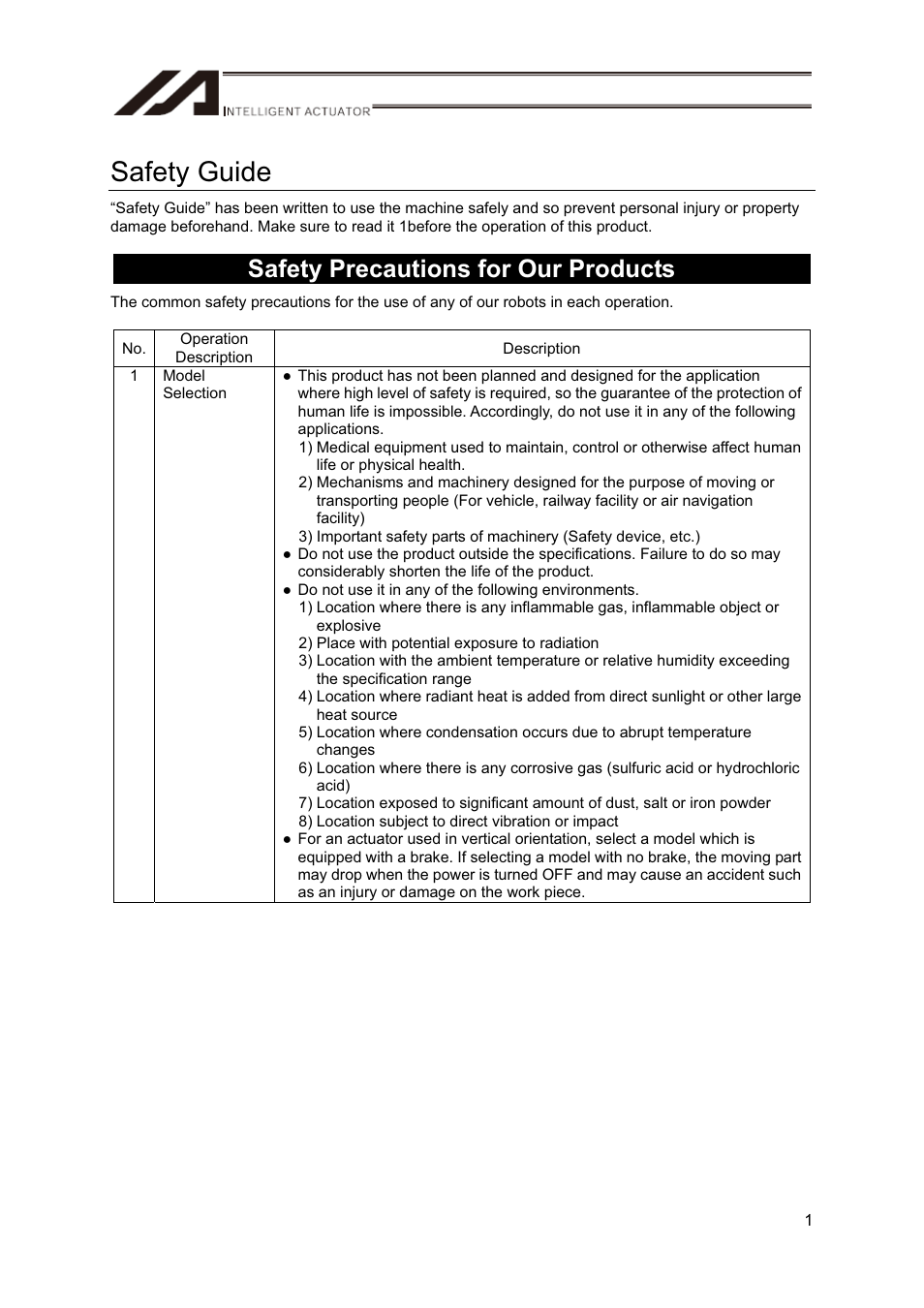 Safety guide, Safety precautions for our products | IAI America CT4 User Manual | Page 7 / 72