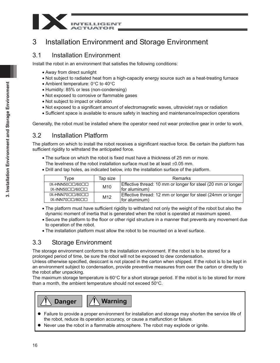3 installation environment and storage environment, 1 installation environment, 2 installation platform | 3 storage environment, Danger warning | IAI America IX-INN8040 User Manual | Page 22 / 94