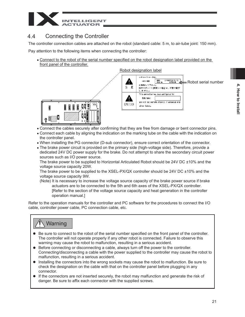 4 connecting the controller, 3 connecting the controller, Warning 4.4 | IAI America IX-INN8040 User Manual | Page 27 / 94