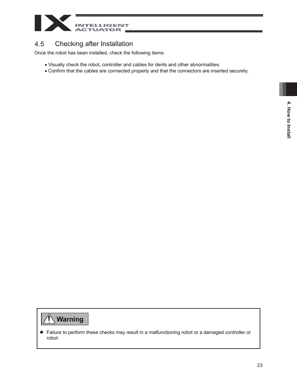 5 checking after installation, 4 checking after installation, Warning 4.5 | IAI America IX-INN8040 User Manual | Page 29 / 94
