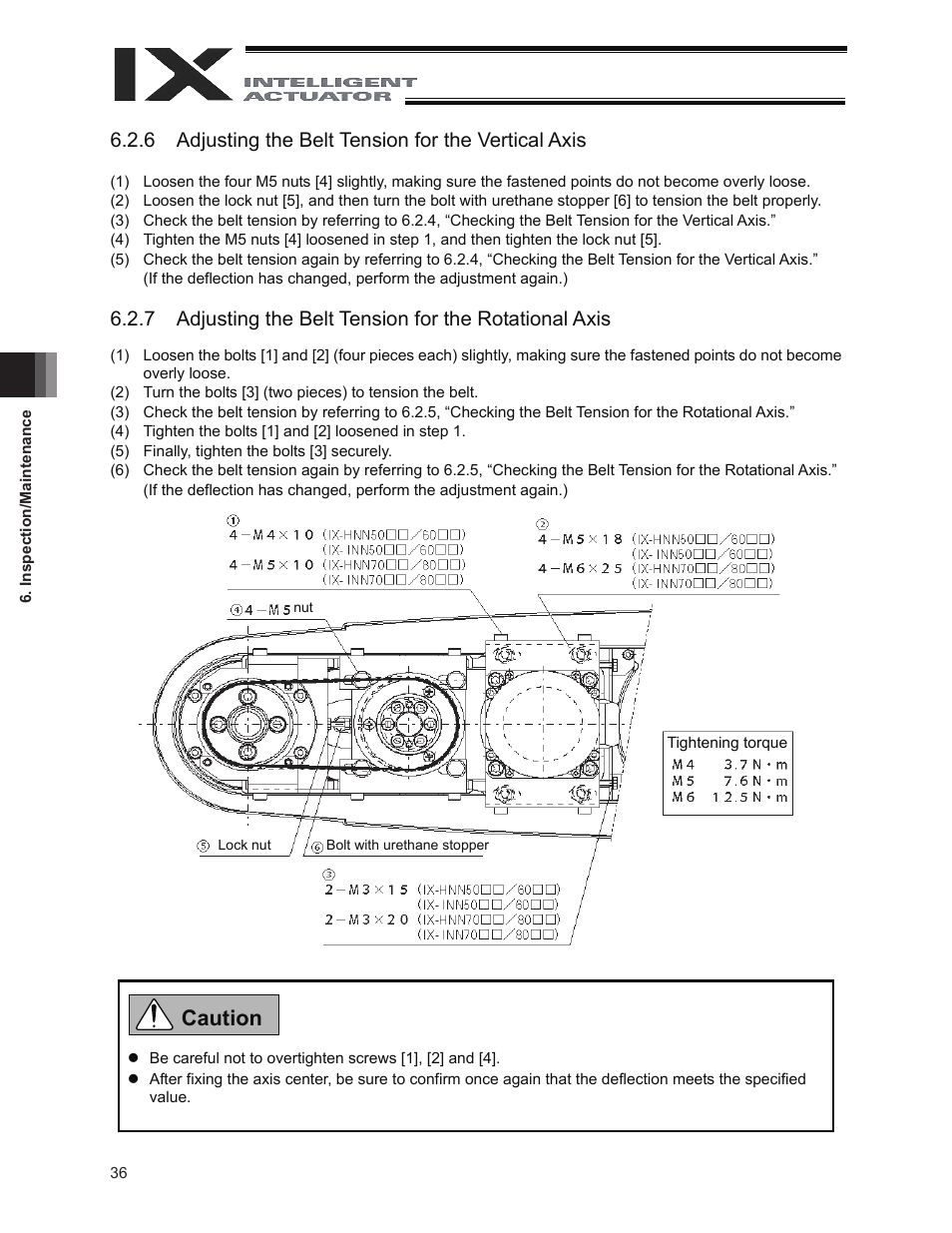 Caution, 6 adjusting the belt tension for the vertical axis | IAI America IX-INN8040 User Manual | Page 42 / 94