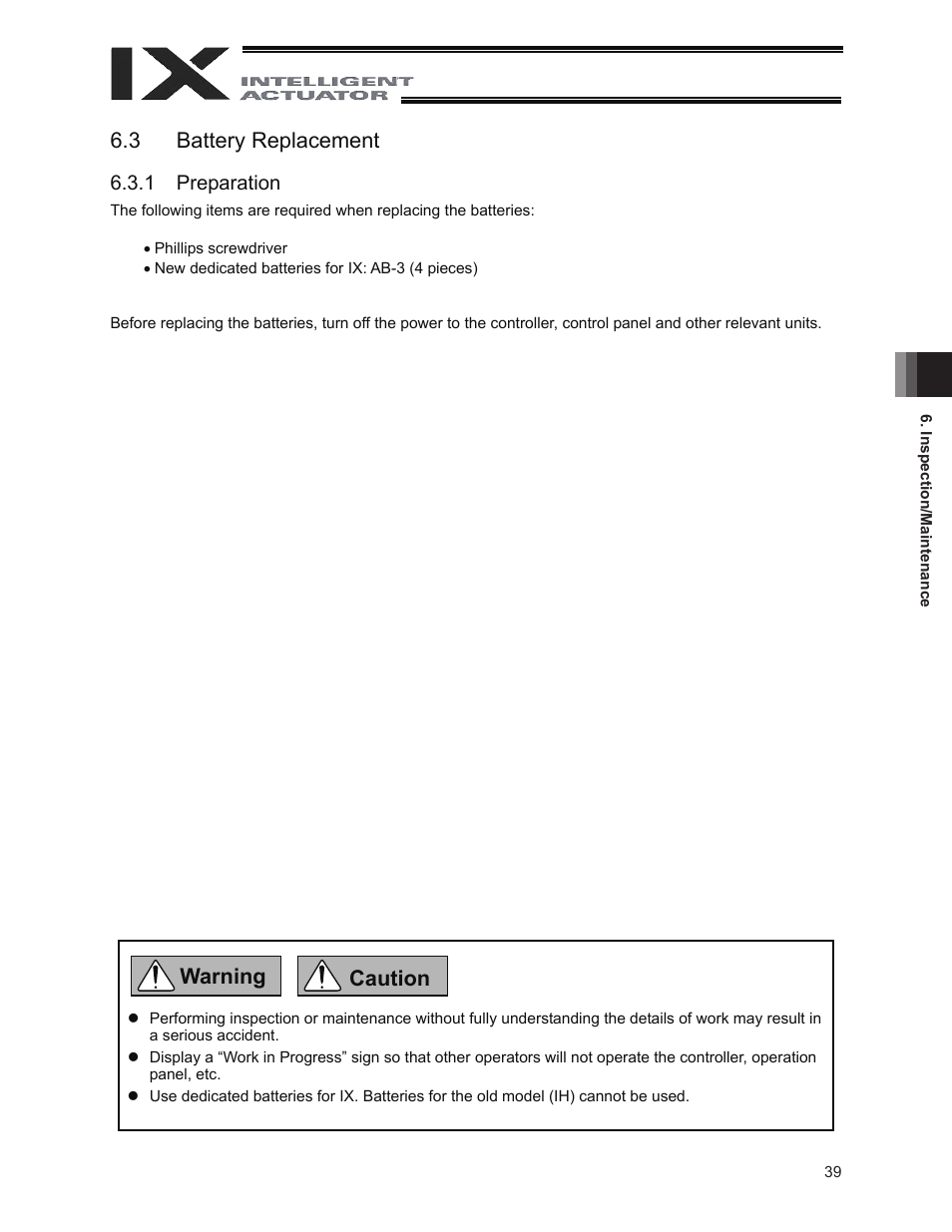 3 battery replacement, Warning caution, 1 preparation | IAI America IX-INN8040 User Manual | Page 45 / 94