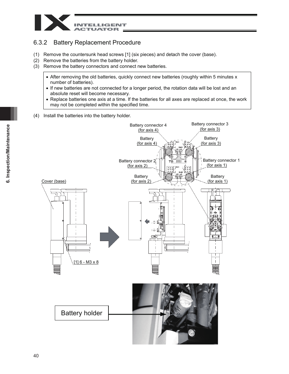 Battery holder, 2 battery replacement procedure | IAI America IX-INN8040 User Manual | Page 46 / 94