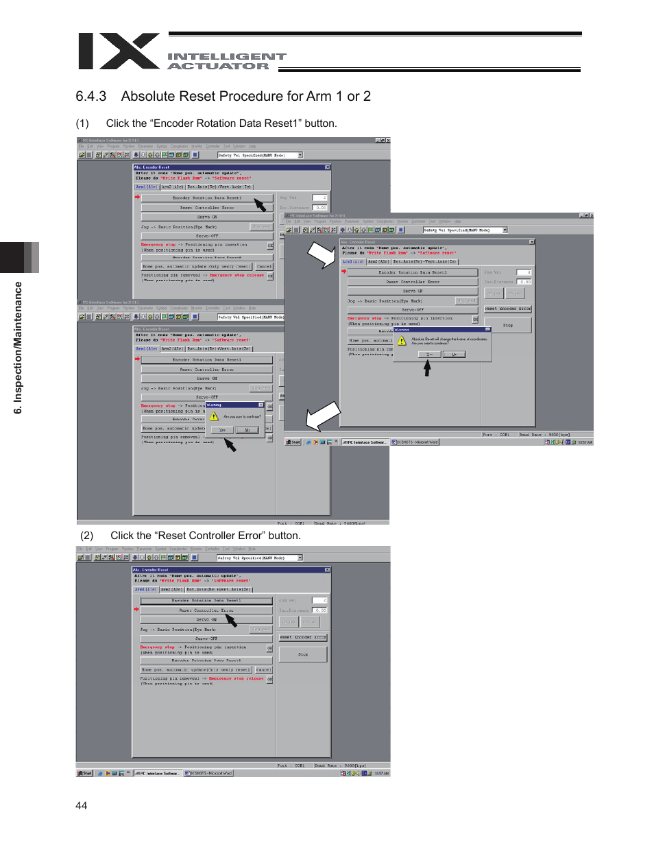 3 absolute reset procedure for arm 1 or 2 | IAI America IX-INN8040 User Manual | Page 50 / 94