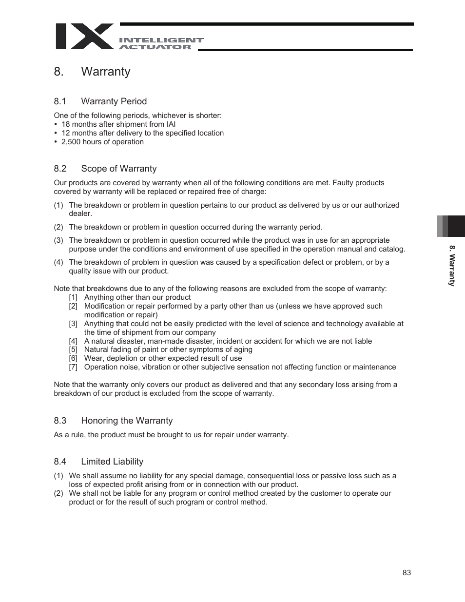Warranty, 1 warranty period, 2 scope of warranty | 3 honoring the warranty, 4 limited liability | IAI America IX-INN8040 User Manual | Page 89 / 94