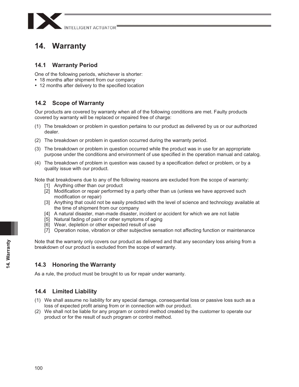 Warranty, 1 warranty period, 2 scope of warranty | 3 honoring the warranty, 4 limited liability | IAI America IX-NNW3515H User Manual | Page 106 / 110