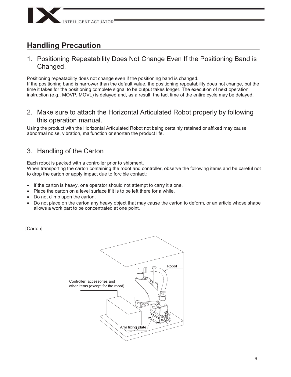 Handling precaution, Handling of the carton | IAI America IX-NNW3515H User Manual | Page 15 / 110