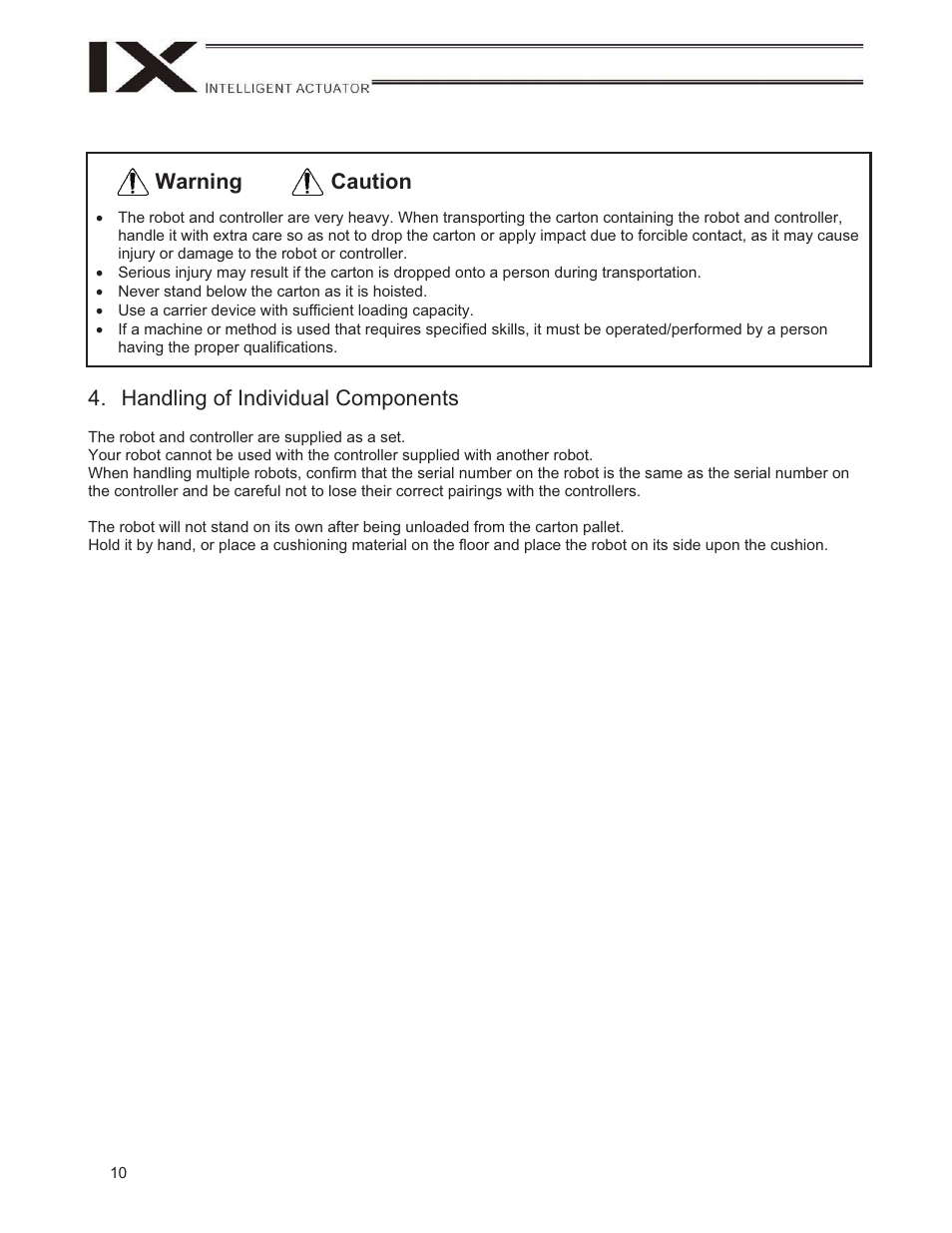 Handling of individual components, Caution warning | IAI America IX-NNW3515H User Manual | Page 16 / 110