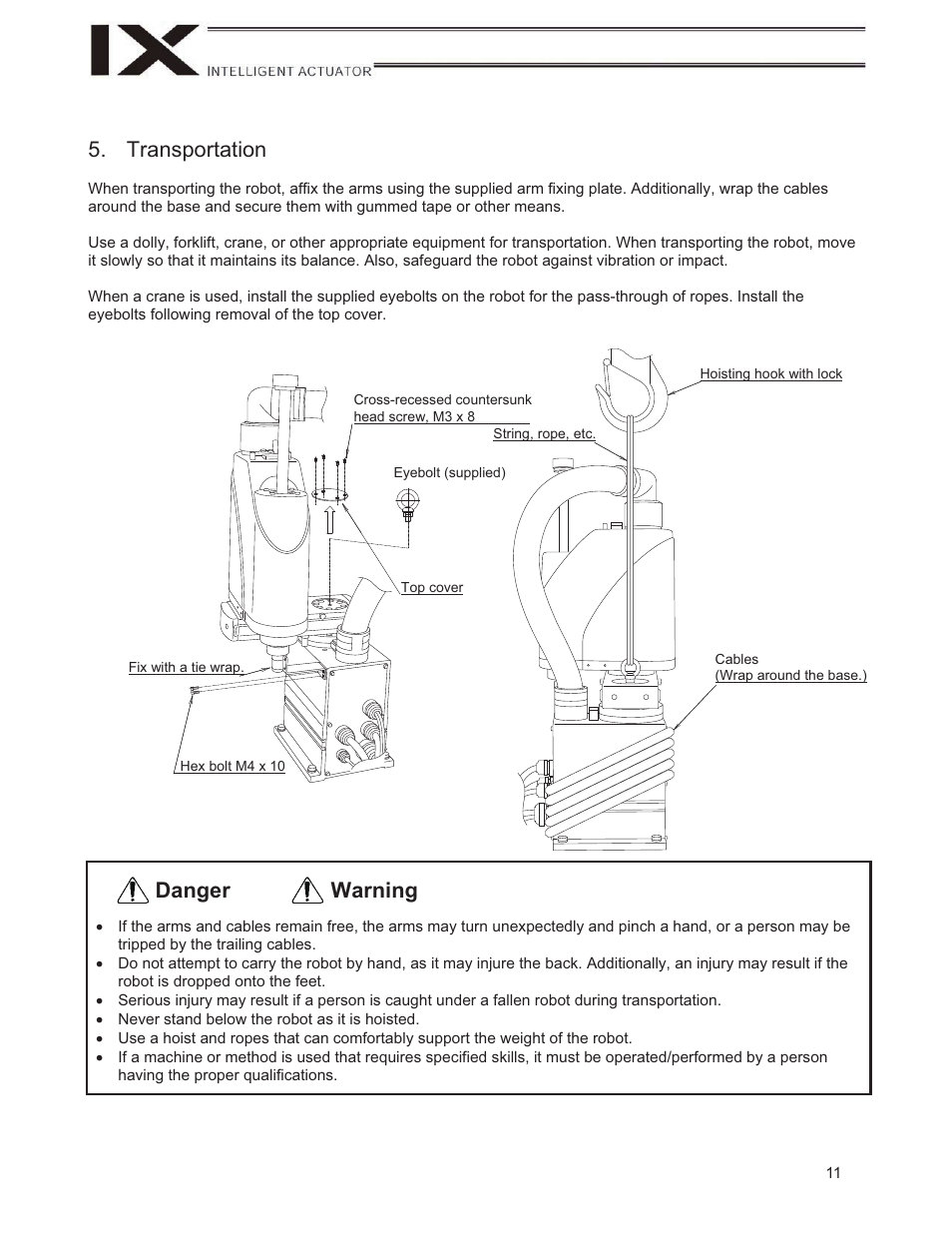 Transportation, Warning danger | IAI America IX-NNW3515H User Manual | Page 17 / 110