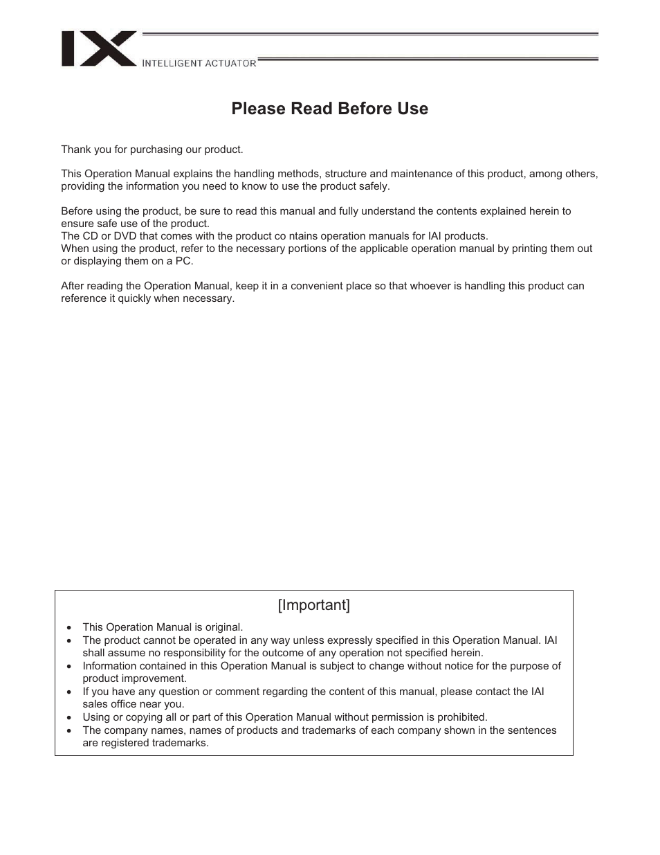 Please read before use, Important | IAI America IX-NNW3515H User Manual | Page 3 / 110