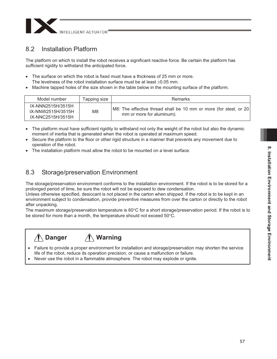 2 installation platform, 3 storage/preservation environment, Warning danger | IAI America IX-NNW3515H User Manual | Page 63 / 110