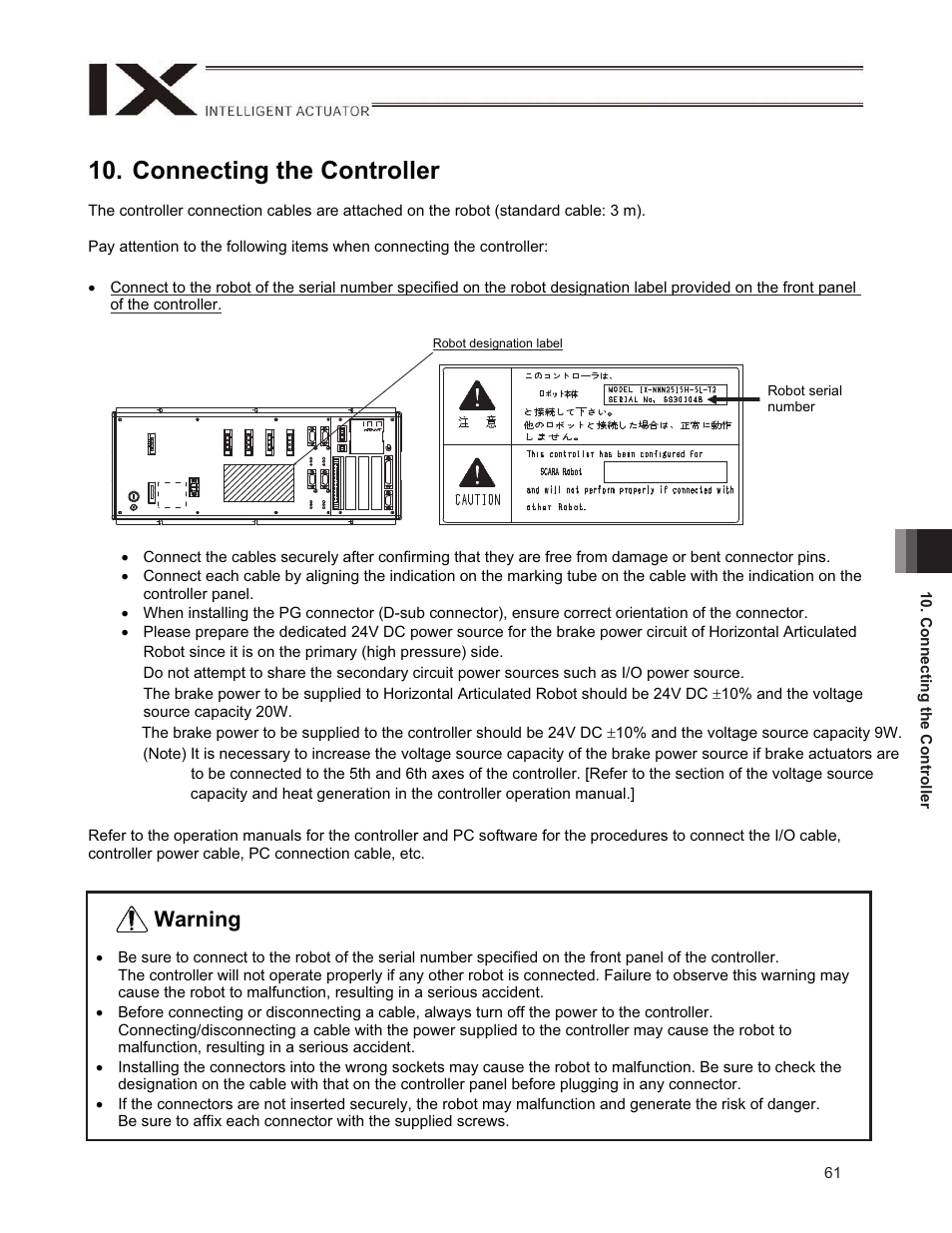 Connecting the controller, Warning | IAI America IX-NNW3515H User Manual | Page 67 / 110