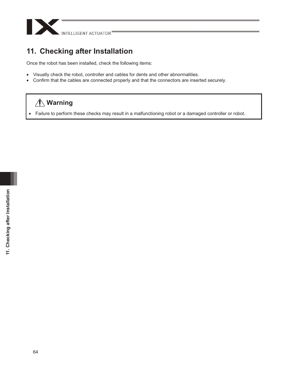 Checking after installation, Warning | IAI America IX-NNW3515H User Manual | Page 70 / 110