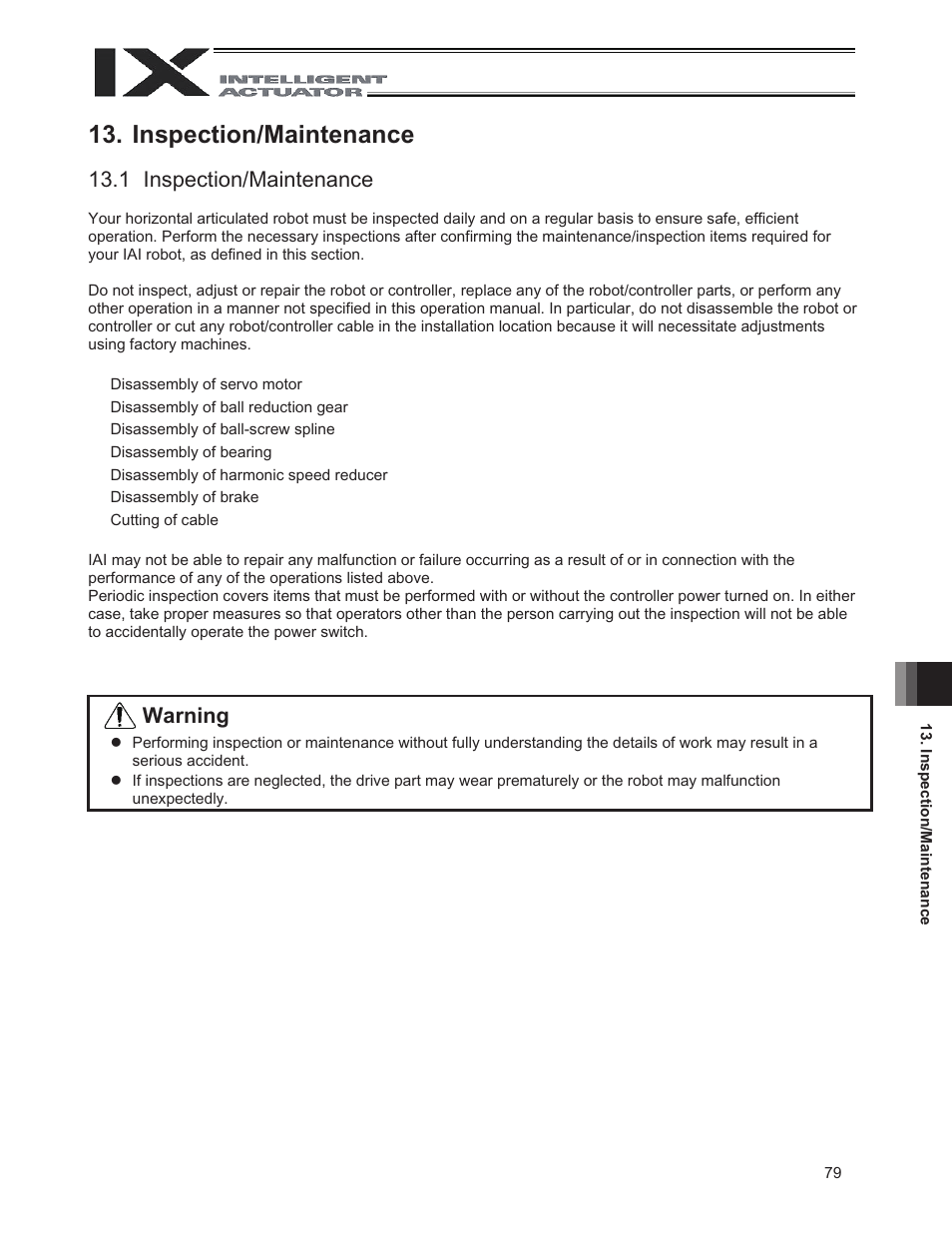 Inspection/maintenance, 1 inspection/maintenance, Warning | IAI America IX-NNW3515H User Manual | Page 85 / 110