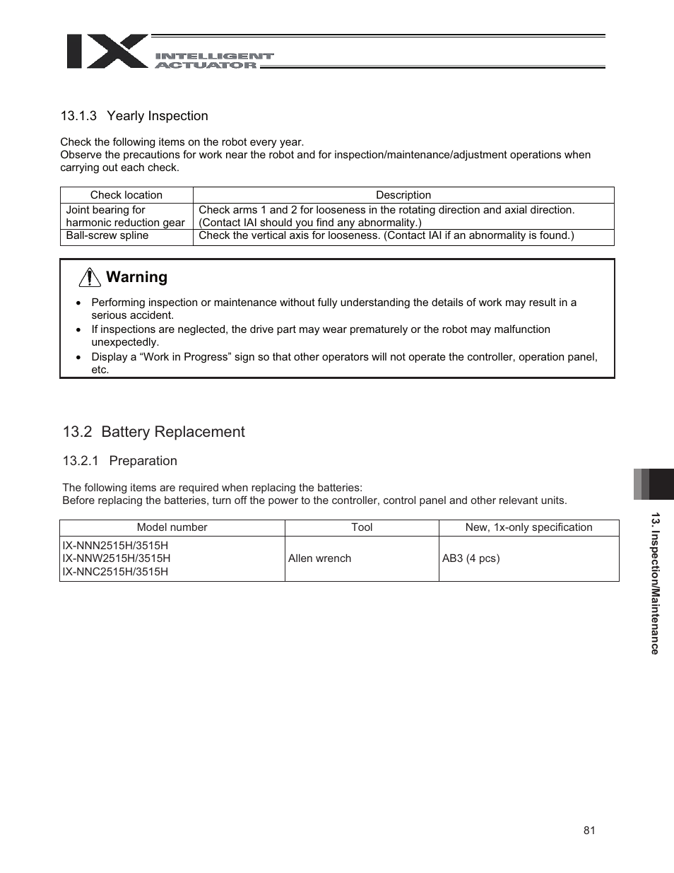 2 battery replacement, Warning | IAI America IX-NNW3515H User Manual | Page 87 / 110