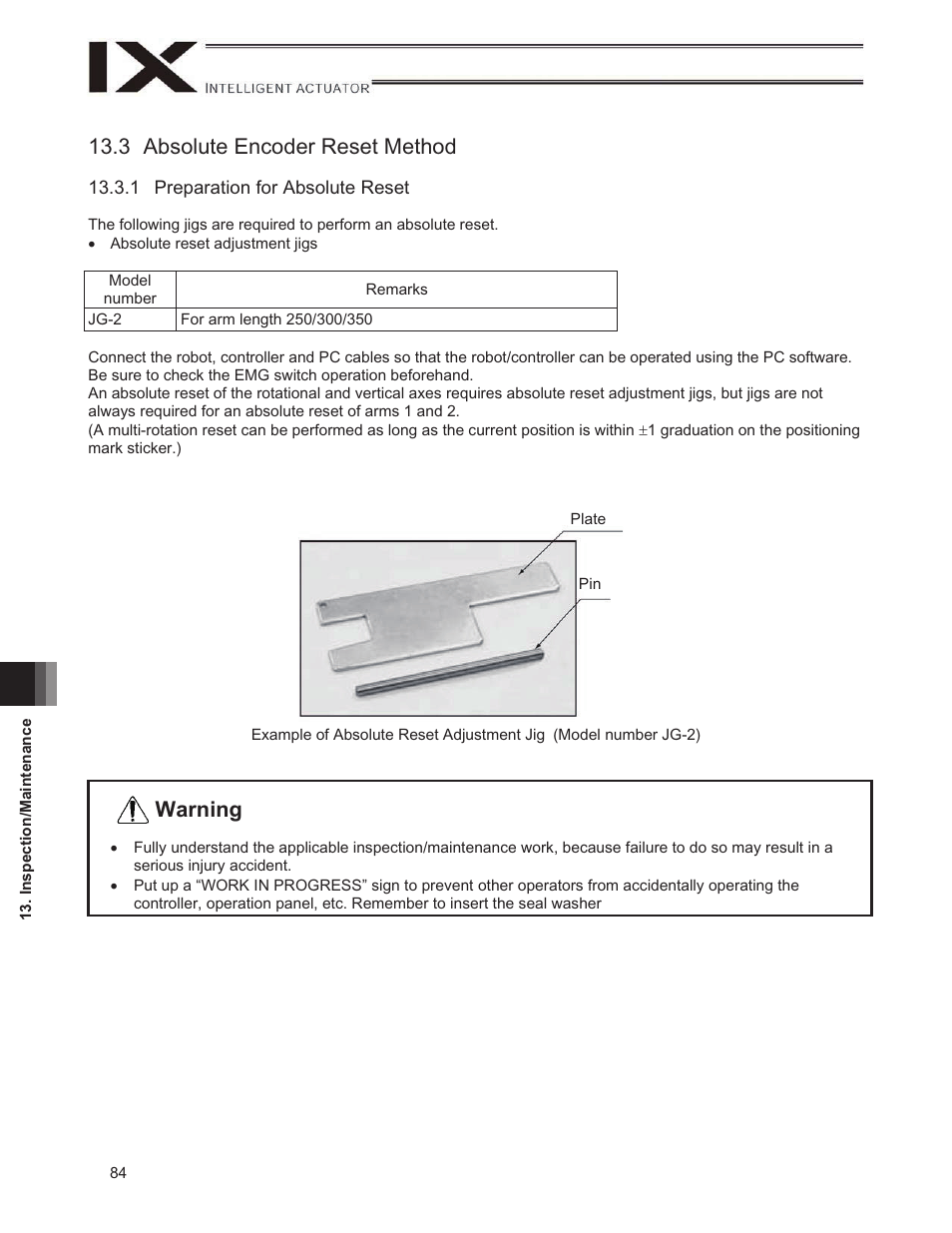 3 absolute encoder reset method, Warning | IAI America IX-NNW3515H User Manual | Page 90 / 110