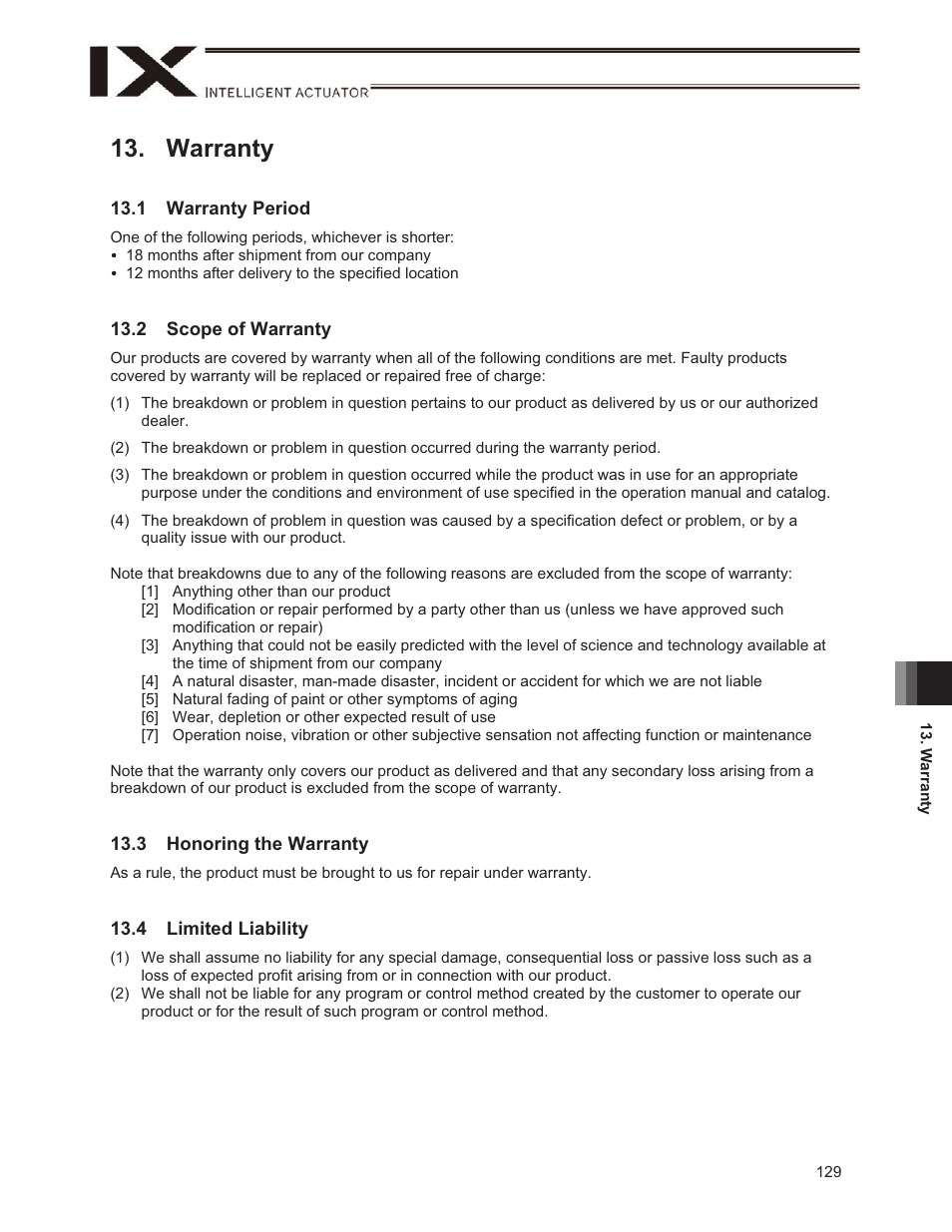 Warranty, 1 warranty period, 2 scope of warranty | 3 honoring the warranty, 4 limited liability | IAI America IX-NSN6016H User Manual | Page 137 / 142