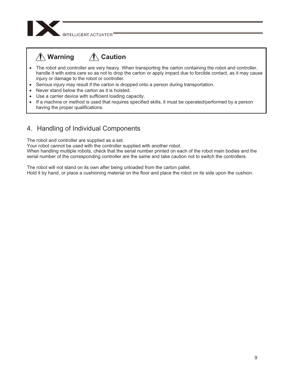 Handling of individual components, Caution warning | IAI America IX-NSN6016H User Manual | Page 17 / 142