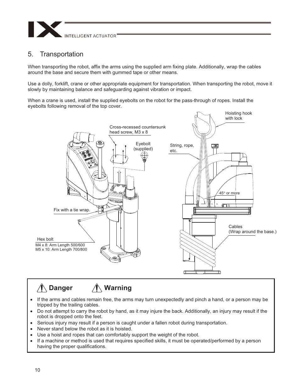 Transportation, Warning danger | IAI America IX-NSN6016H User Manual | Page 18 / 142