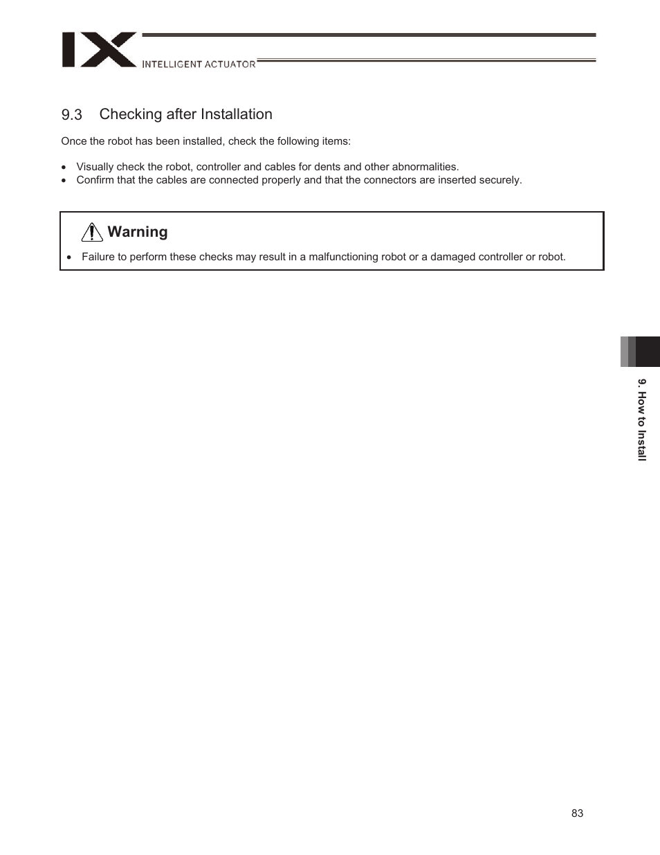 3 checking after installation, 2 checking after installation, Warning 9.3 | IAI America IX-NSN6016H User Manual | Page 91 / 142