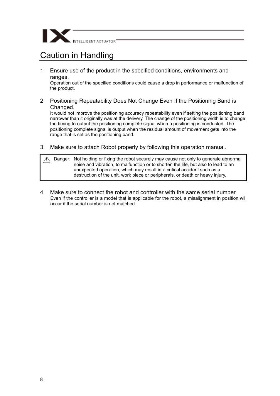 Caution in handling | IAI America IX-NNN12040 User Manual | Page 14 / 90