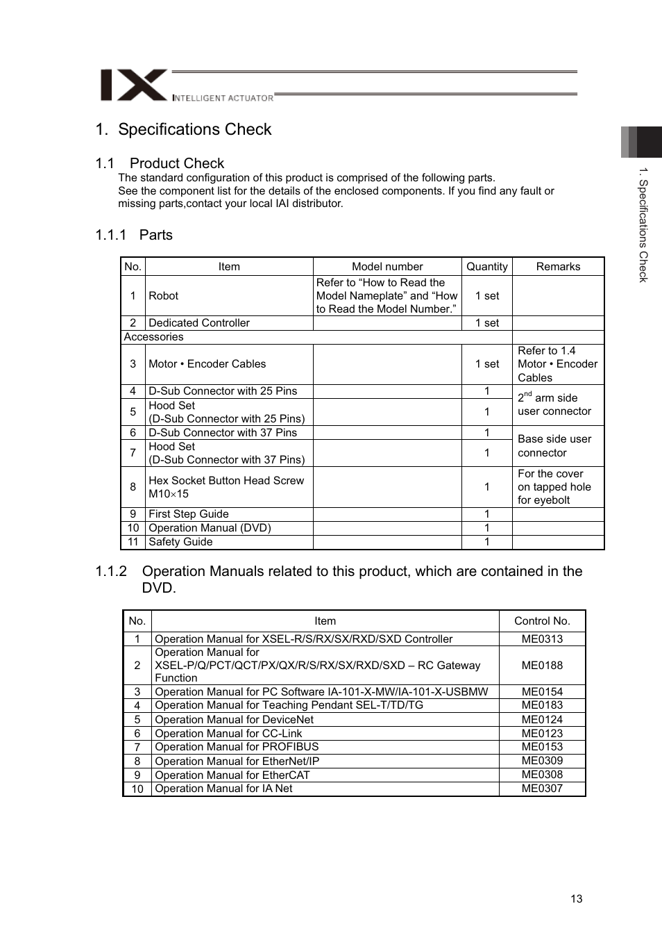 Specifications check, 1 product check, 1 parts | IAI America IX-NNN12040 User Manual | Page 19 / 90