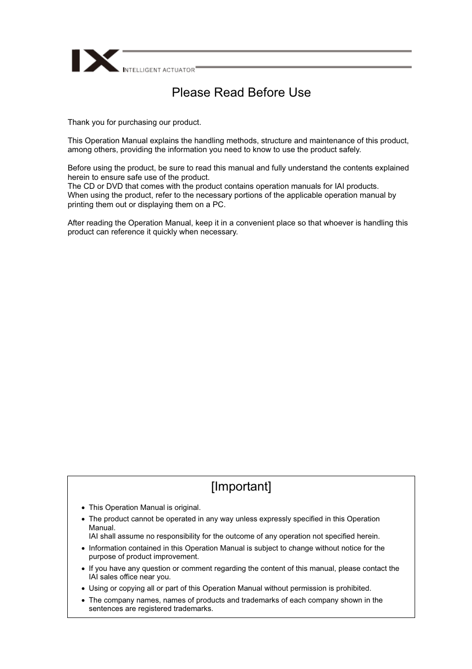 Please read before use, Important | IAI America IX-NNN12040 User Manual | Page 3 / 90